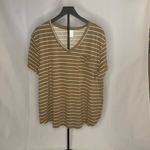 Loanna Brown & White Striped V-Neck Tee Shirt | Size 2X